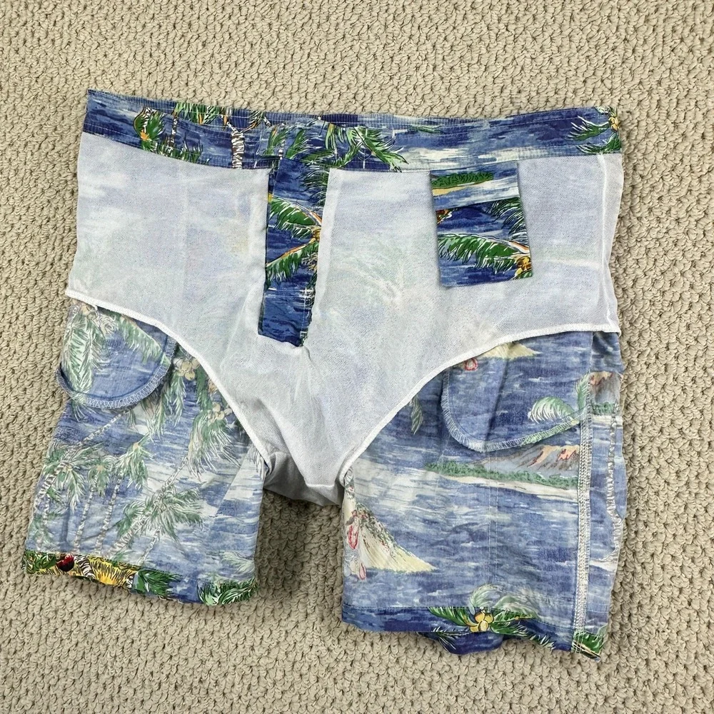 Vtg Polo Ralph Lauren Board Shorts Mens L Blue Swim Trunks Tie Front Palm Tree